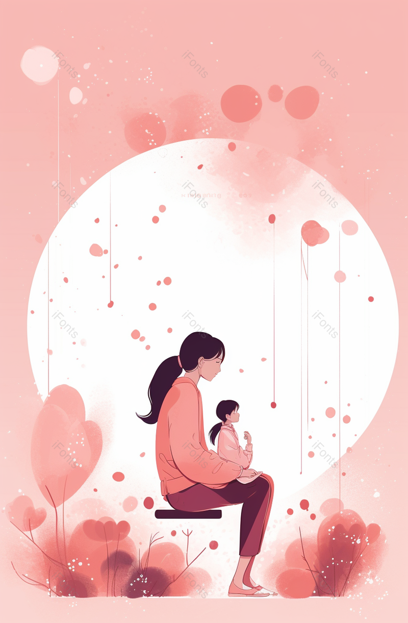 粉色系温馨母亲带孩子海边看书卡通背景图,插画/手绘图,插画/手绘图库,插画/手绘图下载,插画/手绘